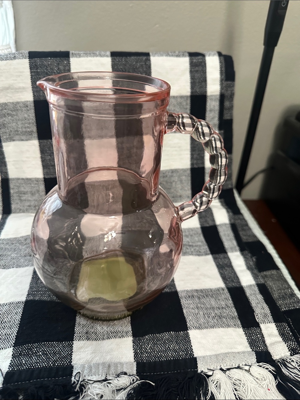 Pink and green Glass Pitcher with Beaded glass Handle NWT